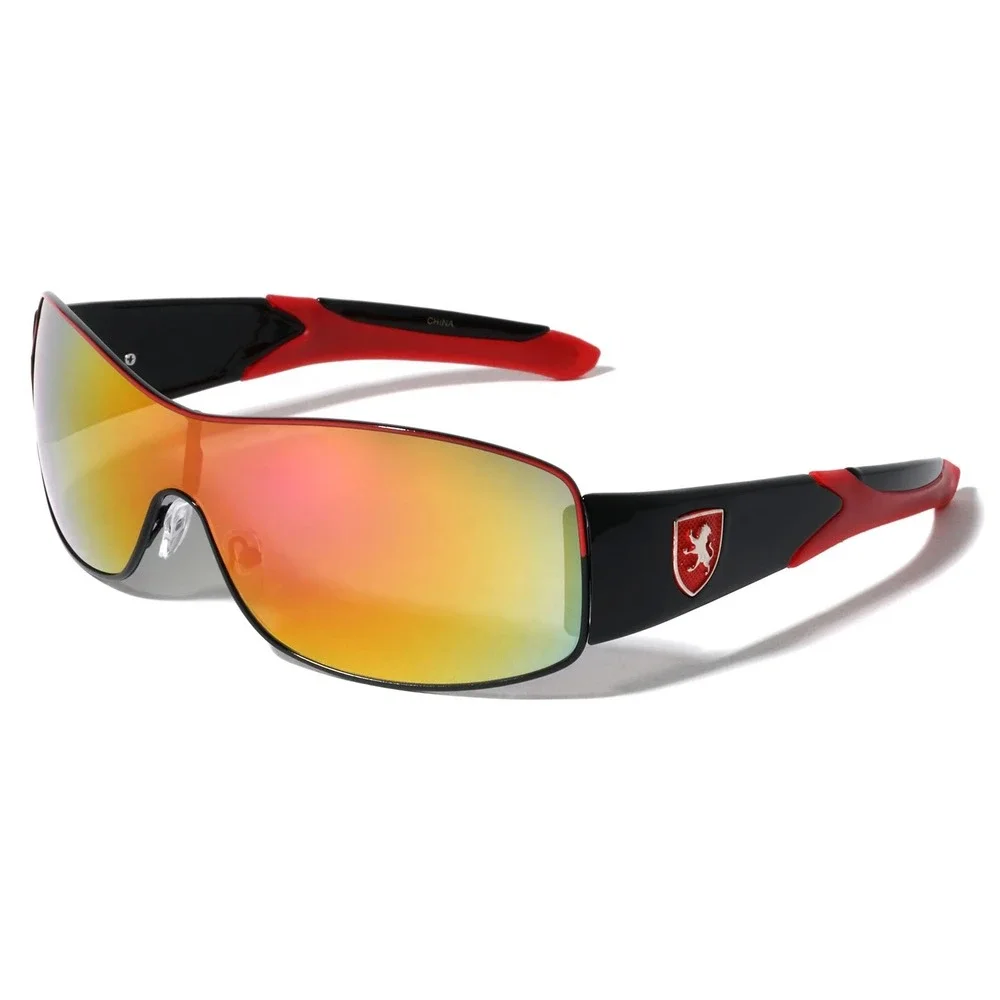 Mens Sport Wrap Sunglasses Black‎ Red Shield Red Mirror Lens Fashion Performance